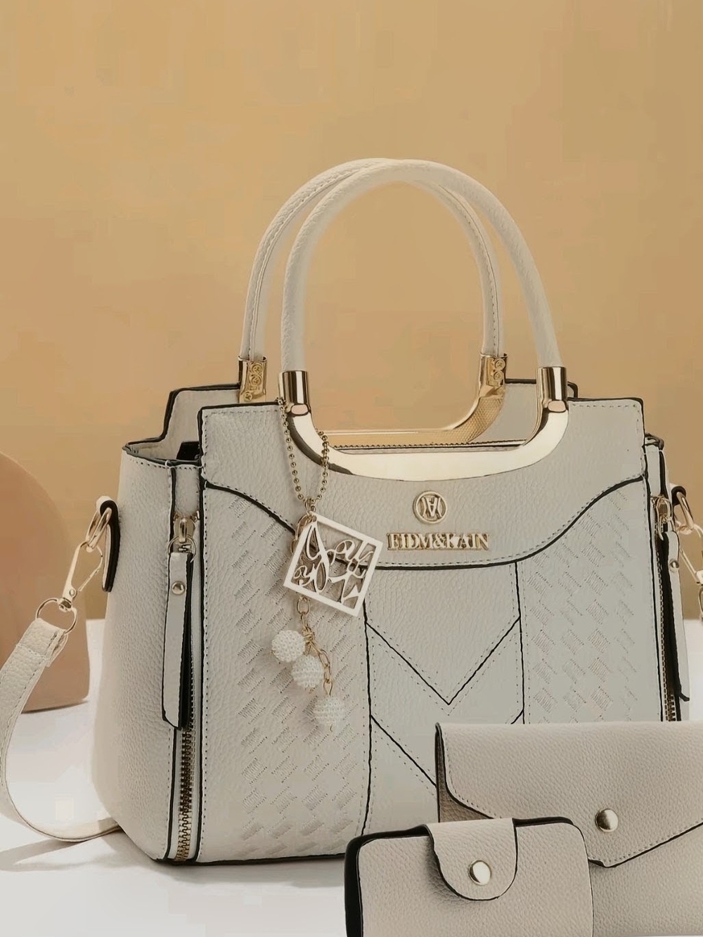 Cream Structured Satchel with Removable Strap